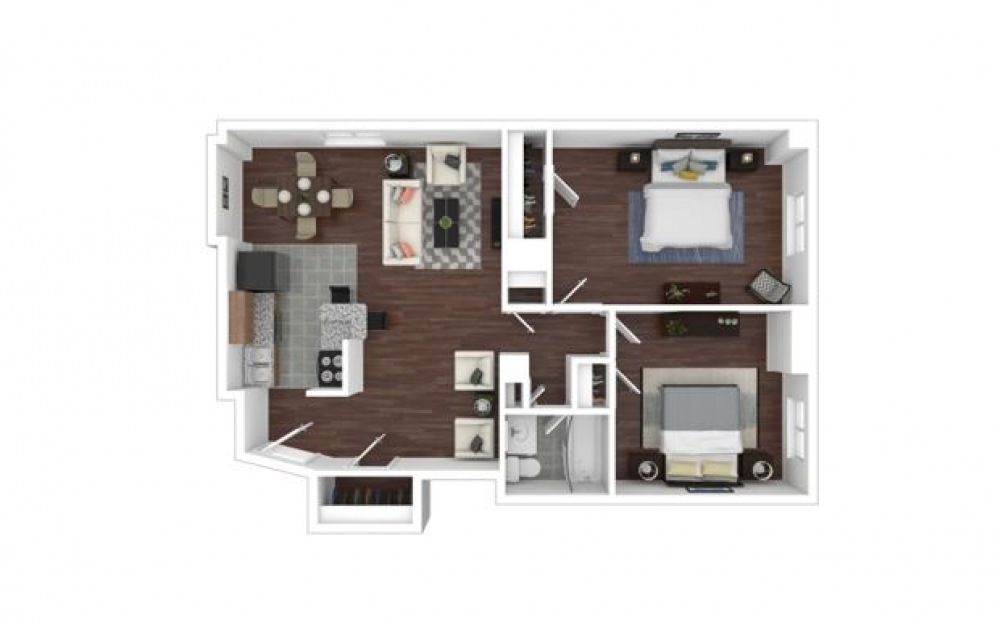 Two Bedroom - 2 bedroom floorplan layout with 1 bath and 875 square feet.