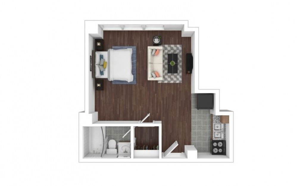 Studio - Studio floorplan layout with 1 bath and 375 to 400 square feet.